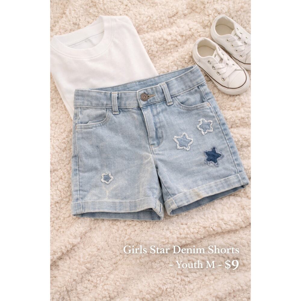 Evsie Girls Jean Shorts Size Medium 10 Blue Denim Star Print Youth